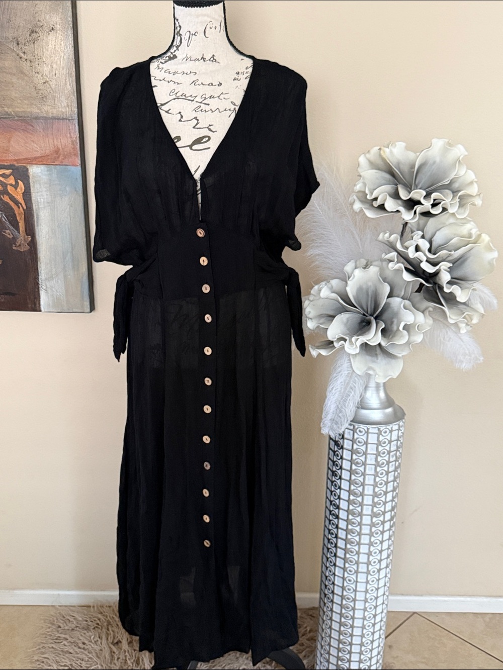 Women’s Black Button-Front Maxi Dress with Tie Waist